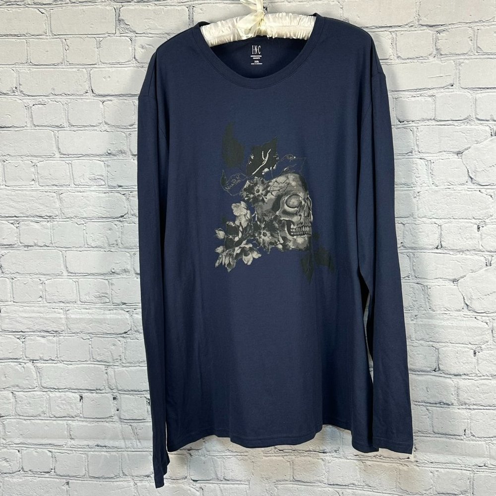 INC Unisex‎ Jewel Tone Skull Graphic Front Long Sleeve Tee, Size XXL, Navy